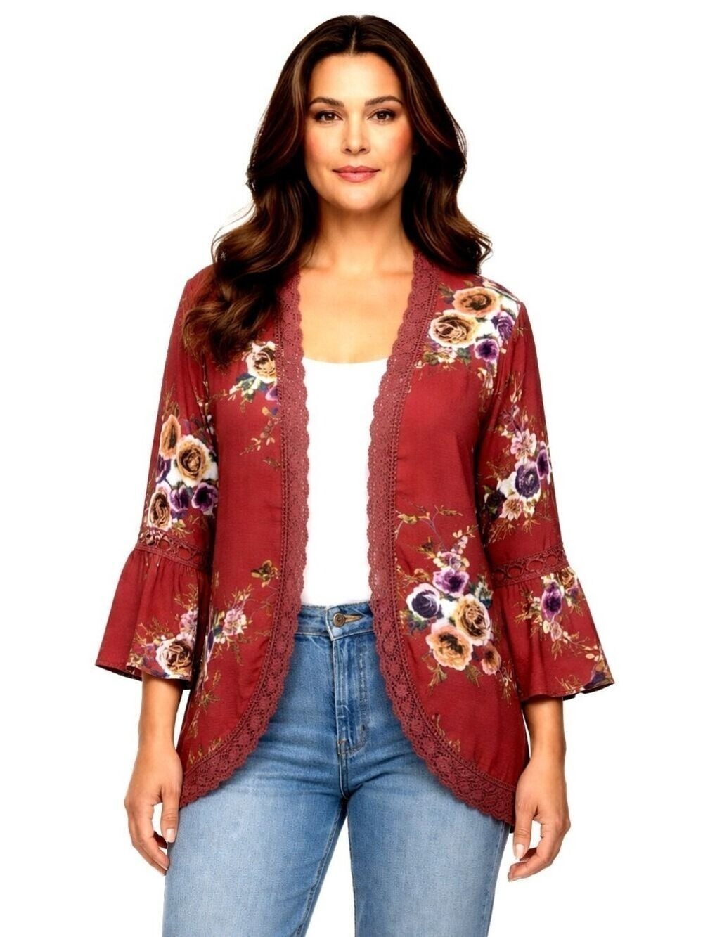 EUC Bohemian Floral Crochet Lace Trim Bell Sleeves Open Kimono Cardigan Plus 3X